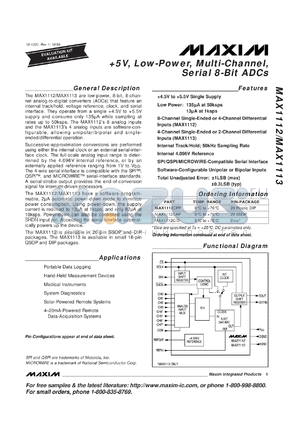 MAX1112CCP datasheet - 5 V, low-power, multi-channel, serial 8-bit ADC. 8-channel single-ended or 4-channel differential inputs