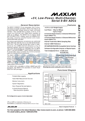 MAX1112MJP datasheet - 5 V, low-power, multi-channel, serial 8-bit ADC. 8-channel single-ended or 4-channel differential inputs