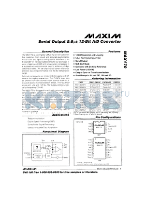 MAX170DMJA datasheet - Serial output 5.6 microsec 12-bit A/D converter. Error +-1 LSB.