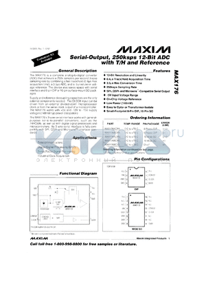 MAX176BC/D datasheet - Serial-output, 250 ksps 12-bit ADC with T/H and reference. Error(LSB) +-1.