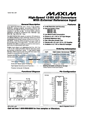 MAX18BACNG datasheet - High-speed 12-bit A/D converter with external reference input. 3 microsec. max conversion time. Linearity(LSB) +-1.