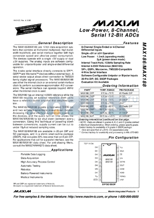 MAX186DCCP datasheet - Low-power, 8-channel, serial 12-bit ADC.