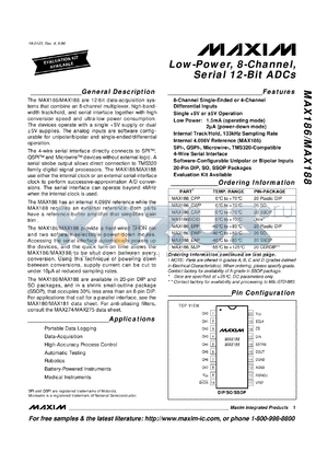 MAX188DC/D datasheet - Low-power, 8-channel, serial 12-bit ADC.