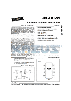 MAX2402EAP datasheet - 800MHz to 1000MHz transmitter