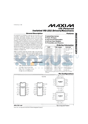 MAX251MLD datasheet - +5V powered isolated RS-232 driver/receiver.