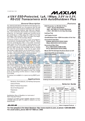MAX3226EEAE datasheet - +-15kV ESD-protected, 1microA, 1Mbps, 3.0V to 5.5V, RS-232 transceiver with autoshutdown plus.