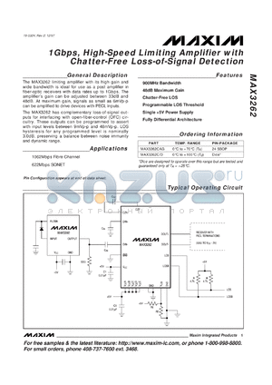 MAX3262CAG datasheet - 1Gbps, high-speed limiting amplifier with catter-free loss-of-signal detection.