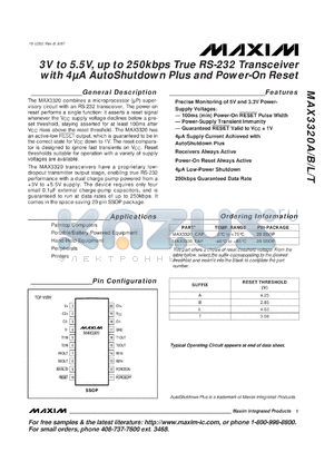 MAX3220BEAP datasheet - 3V to 5.5V, up to 250kbps true RS-232 transceiver with 4microA autoshutdown plus and power-on reset. Reset threshold 2.85V.