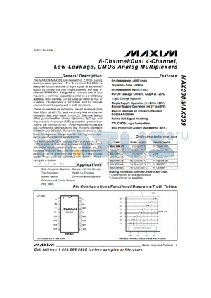 MAX339EPE datasheet - Dual 4-channel, low-leakage, CMOS analog multiplexer.