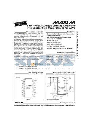 MAX3762E/D datasheet - Low-power, 622Mbps limiting amplifier with chatter-free power detect for LANs.