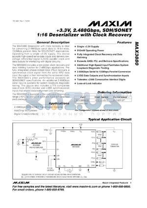 MAX3880ECB datasheet - +3.3V, 2.488Gbps, SDH/SONET 1:16 deserializer with clock recovery.