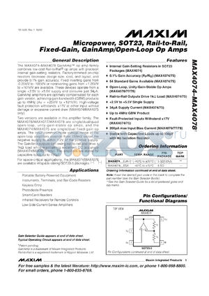 MAX4074AEEUK-T datasheet - Micropower, Rail-to-Rail, fixed-gain, single, GainAmp op amp. Inverting gain 1.25V/V, noninverting gain 2.25V/V, -3dB BW 70kHZ.