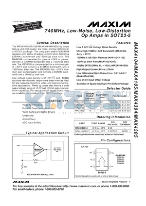 MAX4105EUK-T datasheet - Low-noise, low-distortion op amp. Bandwidth 410MHz. Minimum stable gain 5V/V.