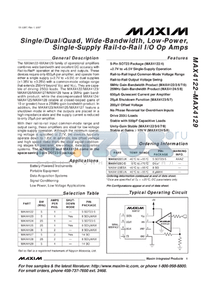 MAX4125ESA datasheet - Single, wide-bandwidth, low-power, single-supply Rail-to-Rail I/O op amp. BW 25MHz.