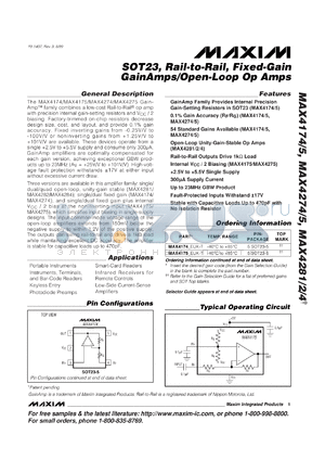 MAX4174AFEUK-T datasheet - Single, Rail-to-Rail, GainAmp op amp with precision internal gain-setting resistors. Rf/Rg inverting gain 1.5, 1+ (Rf/Dg) noninverting gain 2.5, -3dB BW 1180kHz.