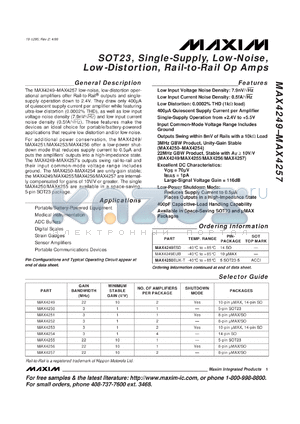 MAX4251EUA datasheet - Single, single-supply operation +2.4V to 5.5V, low-noise, low-distortion, Rail-to-Rail op amp. Gain bandwidth 3MHz, min stable gain 1V/V, with shutdown.