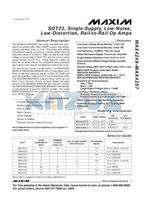 MAX4256ESA datasheet - Single, single-supply operation +2.4V to 5.5V, low-noise, low-distortion, Rail-to-Rail op amp. Gain bandwidth 22MHz, min stable gain 10V/V, with shutdown.