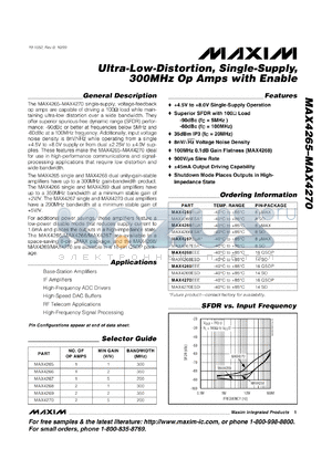 MAX4266ESA datasheet - Single, ultra-low-distortion, single-supply, 350MHz op apm with enable. Min gain 2V/V, single-supply operation +4.5V to +8.0V