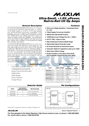 MAX4292ESA datasheet - Dual, ultra-small, single supply +1.8V to +5.5V or dual supples +-0.9V to +-2.75V, micropower, Rail-to-Rail I/O op amp.