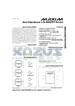 MAX4426EJA datasheet - Dual high-speed, 1.5A  MOSFET driver. 4.5V t0 18V operation range.