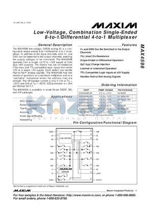 MAX4598CPP datasheet - Low-voltage, CMOS analog IC, combination single-ended 8-to-1/differential 4-to-1 multiplexer.