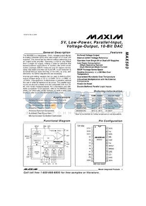 MAX503CAG datasheet - 5V, low-power, parallel-input, voltage-output 10-bit DAC.