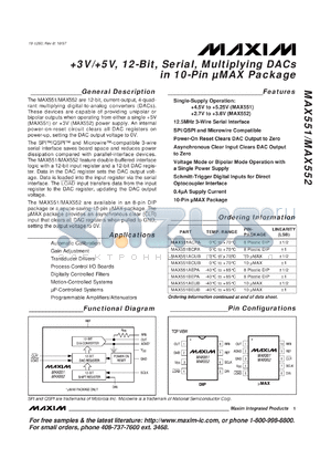 MAX552ACPA datasheet - +3V, 12-bit, serial, multiplying DAC. Linearity(LSB) +-1/2.