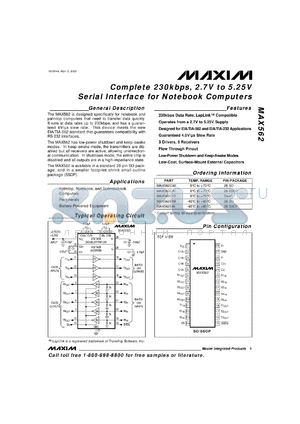 MAX562C/D datasheet - Complete 230kbps, 2.7V to 5.25V serial interface for notebook computers.