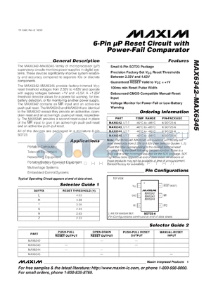 MAX6342MUT-T datasheet - Microprocessor reset circuit with power-fail comparator. Reset threshold 4.38V. Push-pull active-low reset output, manual-reset input.