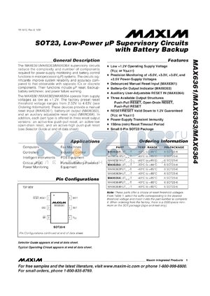 MAX6363LUT26-T datasheet - Low-power microprocessor supervisory circuit with battery-on output. Reset threshold(typ) 2.63V.  Active-low push-pull reset.