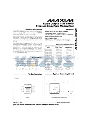 MAX642AEPA datasheet - +12V fixed output, 10W CMOS step-up switching regulator. 5% output accuracy