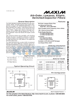 MAX7403CSA datasheet - 8-th-order, lowpass, elliptic, switched-capacitor filter. Filter response elliptic (r=1.2), operating voltage +5V