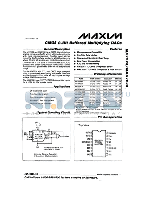 MX7624CPE datasheet - CMOS 8-bit buffered multiplying DAC. TTL/CMOS compatible at +12V to +15V. Error +-1/2 LSB