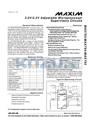 MAX793RCPE datasheet - Microprocessor supervisory circuit. Reset threshold 2.55V to 2.70V. Active-low reset.Active-high reset.Low-line early warning output.Backup-battery switchover.External switch driver.Power-fail comparator.Battery OK output.Watchdog input.Manual reset inp.