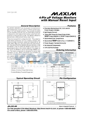 MAX812LEUS-T datasheet - Microprocessor voltage monitor with manual reset input. Reset threshold voltage 4.63V. Push-pull active-high reset output.
