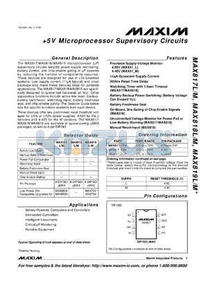 MAX817MCSA datasheet - +5V microprocessor supervisory circuit. Reset threshold 4.40V, active-low reset, backup-battery switchover, power-fail comparator, watchdog input, battery freshness seal.