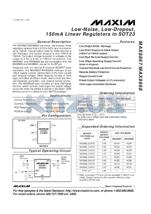 MAX8867EUK50-T datasheet - Low-noise, low-dropout, 150mA linear regulator. Preset output voltage 5.00V