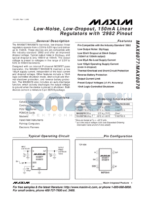 MAX8877EUK36-T datasheet - Low-noise, low-dropout, 150mA linear regulator with 2982 pinout. Preset output voltage 3.60V.