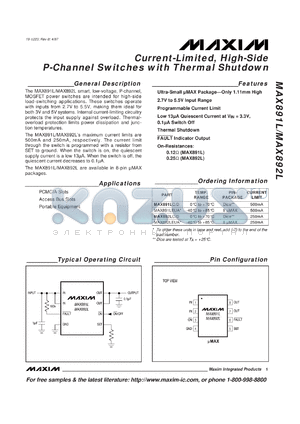 MAX891LEUA-T datasheet - Current-limited 500mA, high-side P-channel switch with thermal shutdown. On-resistance 0.12omega