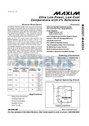 MAX932CPA datasheet - Dual low-power, low-cost comparator with intarnal 1.182V+-2% bandgap reference and internal programmable hysteresis..
