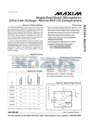 MAX969EEE datasheet - Quad, micropower, ultra-low-voltage, Rail-to-Rail I/O comparator. Internal reference. Programmable hysteresis.