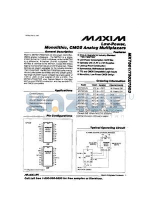 MX7503C/D datasheet - Low-power, monolithic, CMOS analog multiplexer.