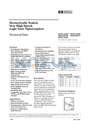 5962-8957101PA datasheet - Hermetically sealed, very high speed, logic gate optocoupler