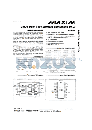 MX7528KCWP datasheet - CMOS dual 8 bit buffered multiplying DAC. +5V to 15V single supply operation. Error +-1/2 LSB.