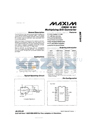 MX7541KCWN datasheet - CMOS 12 bit multiplying D/A converter. Error 1/2 LSB.