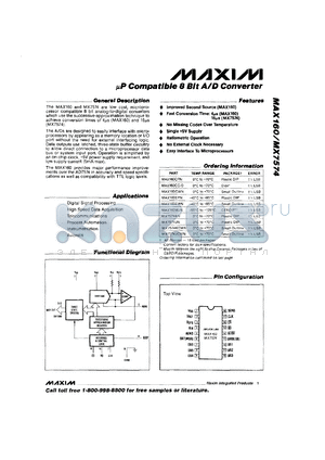 MX7574BG datasheet - Microprocessor compatible 8-bit A/D converter. Fast conversion time 15microsec. Error +-1/2 LSB.