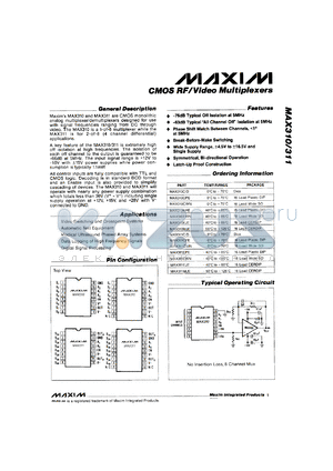MAX311EJN datasheet - CMOS RF/video multiplexer (2-of-8, 4 channel differential).