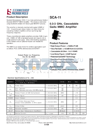 SCA-11 datasheet - 0.3-3 GHz, cascadable GaAs MMIC amplifier
