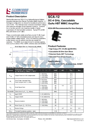SCA-12 datasheet - DC-4 GHz, cascadable GaAs HBT MMIC amplifier. High output IP3: 35 dBm @ 850M Hz