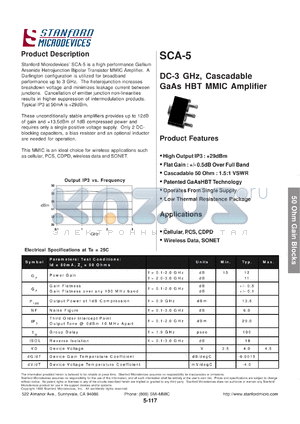 SCA-5 datasheet - DC-3 GHz, cascadable GaAs HBT MMIC amplifier. High output IP3: +29 dBm